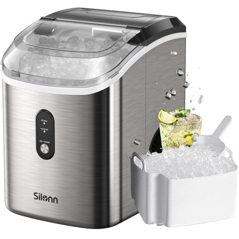 Silonn Ice Makers Countertop - 24Pcs Ice Cubes in 13 Min, 45lbs Per Day, 2  Ways to Add Water, Auto Self-Cleaning, Stainless Steel Ice Machine for Home  Office Bar Party 